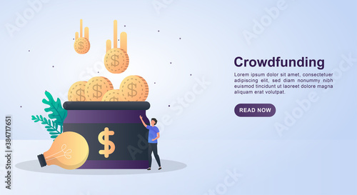 Illustration Concept of crowdfunding with lots of coins in the jar.