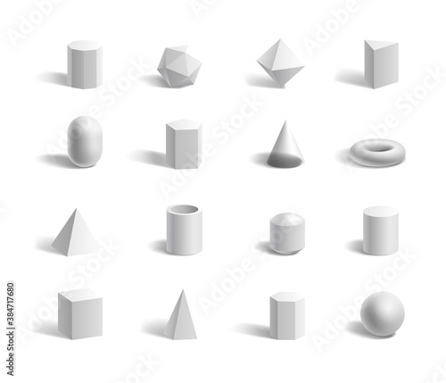 3d geometric shapes and figures. Sphere, tube, cone, cube, pyramids, hexagon and pentagon set