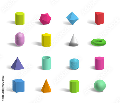 Set of basic 3d geometric shapes colorful sphere, torus, cube, pyramids isolated