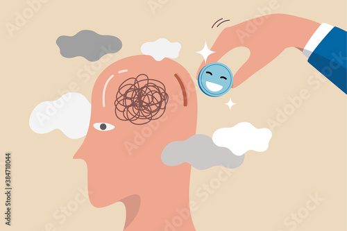 Happiness cure work stressed, care for mental health or relax from tired work concept, businessman holding pink coin with happiness face to insert into depressed thinking head to cure from stressed.