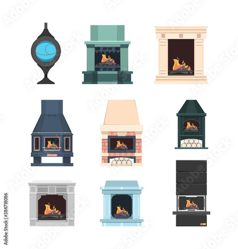 Fireplace. Interior decor electric fireplace from bricks beautiful flame in house relax place vector set. Illustration fireplace electric and burn firewood for interior