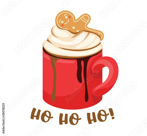 Winter Drink in Red Cup, Hot Beverage with Whipped Cream, Dripping Chocolate Topping and Gingerbread Man Decoration, Mug