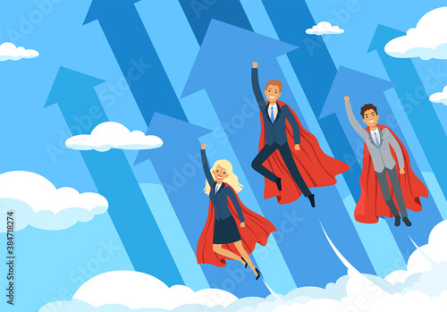 Business hero background. Flying managers power of superhero good teamwork successful people helping employees vector business concept. Hero business team, success businessman power illustration