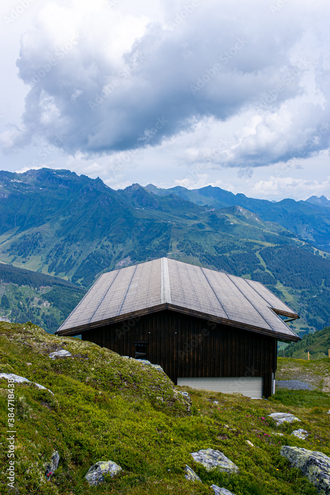 mountain hut in the mountains, landscape in the austrian mountains, swiss alpine village, alpine hut in the mountains, house in the mountains