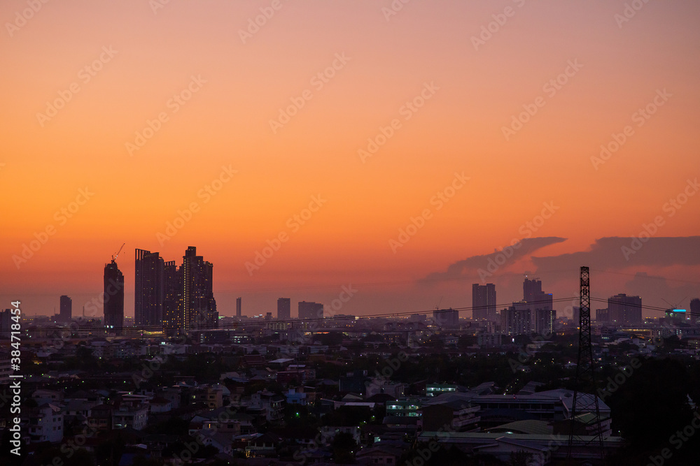 evening cityscape scence with skyscrapers