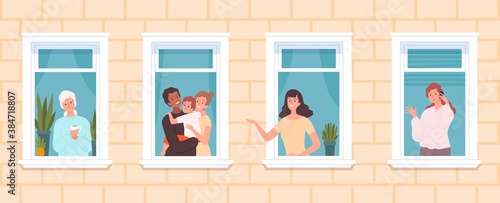 International neighborhood. Multicultural neighbors, cute people look out from windows. Family old woman, girl talk phone, stay home vector concept. Neighborhood house, neighbor windows illustration