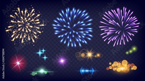 Shine fireworks. Glow splashes, realistic fire festive lights. New year night sparkles elements vector set. Splash light glow, sparkle and explosion illustration