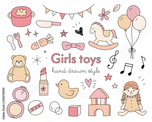 女の子のおもちゃの手描きイラストのセット／かわいい／キッズ／遊び／アイテム／育児／子ども／子育て