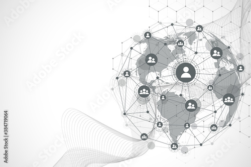 Global network connection concept. Big data visualization. Social network communication in the global computer networks. Internet technology. Business. Science. Vector illustration