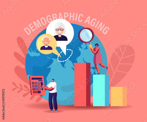 Demographic Aging Concept. Statistics Data for Human Ages in World and Countries. Tiny Characters at Huge Column Charts