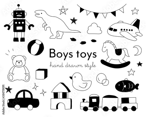 男の子のおもちゃの手描きイラストのセット／かわいい／キッズ／遊び／アイテム／育児／子ども／子育て