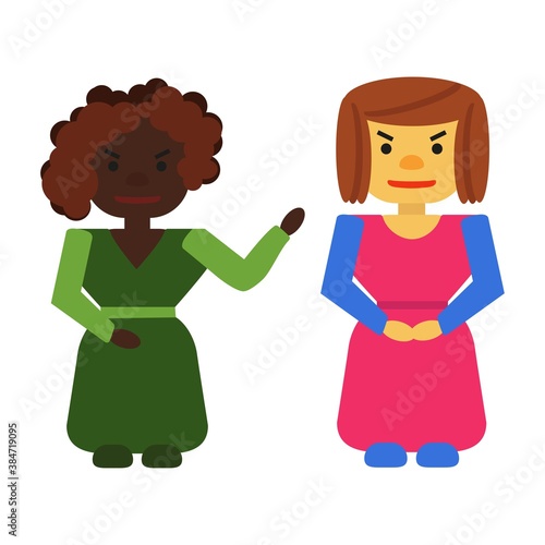 Two women of different races are fighting. A white woman listens to a dark-skinned woman. 