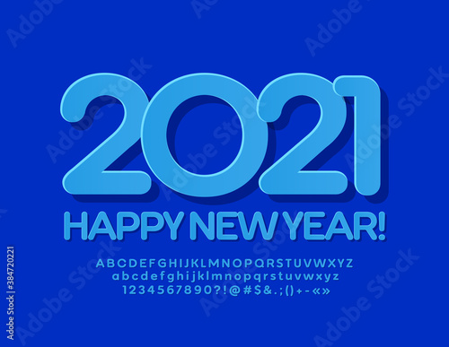 Vector modern greeting card Happy New Year 2021! Minimalistic blue Font. Trendy Alphabet Letters and Numbers set