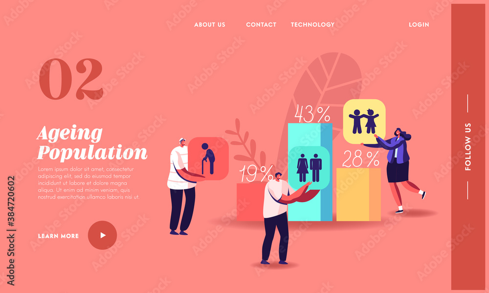 Demographic Aging Landing Page Template. Tiny Characters at Huge Charts with Statistics Data of Human Ages in World Demographic Aging Landing Page Template. Tiny Characters at Huge Charts with Statistics Data of Human Ages in World