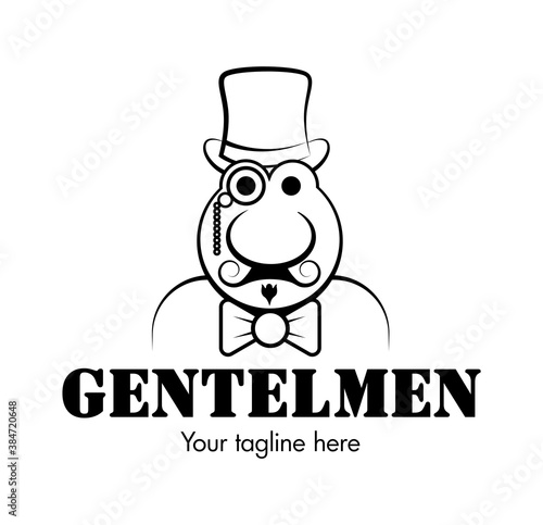 Funny classic gentleman logo. Retro man with monocle and cylindrical hat. Gentleman club sign.