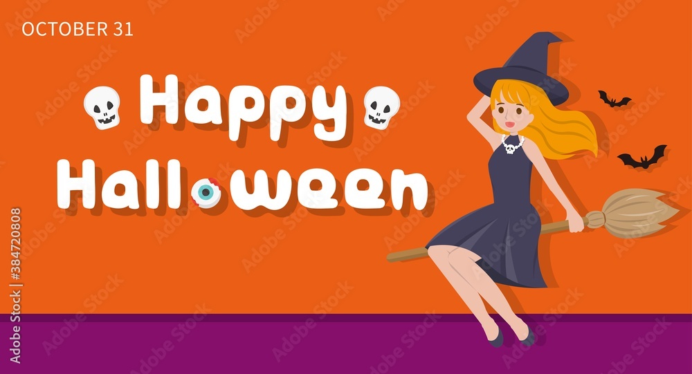Halloween witch flying with broomstick, cartoon comic vector illustration, Asian style