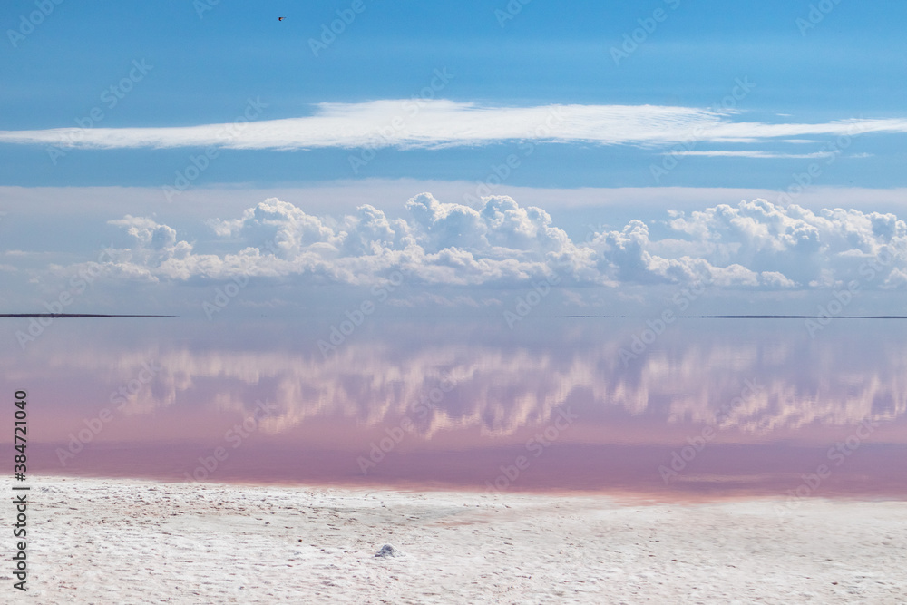 Pink salt lake coast with white salt, pink water surface and mirror reflection of magic clouds on blue sky. Syvash or Sivash, the Putrid Sea or Rotten Sea, Ukraine