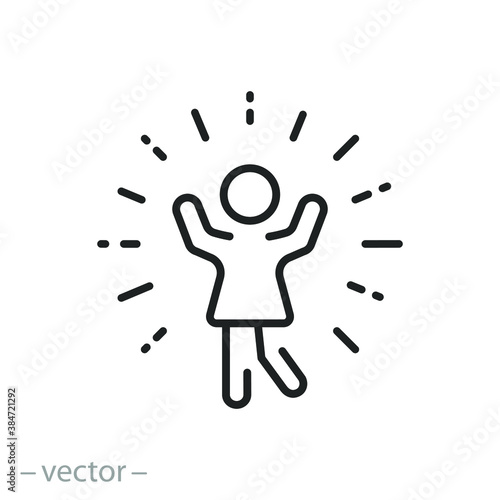 happy lifestyle women icon, concept female freedom, young excited woman with positive emotion, success and girl win, thin line web symbol on white background - editable stroke vector illustration