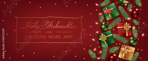 German Christmas Banner. Frohe Weihnachten. Christmas nad New Year Greeting Card with Christmas Decoration on Red background. Vector