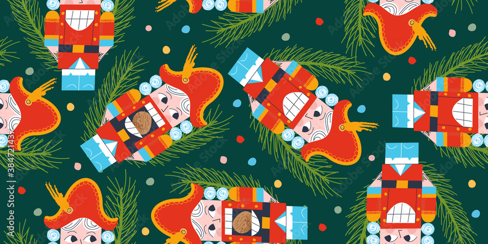 Vector Christmas seamless pattern with Nutcracker and Christmas tree. Vector Christmas seamless pattern with Nutcracker and Christmas tree.
