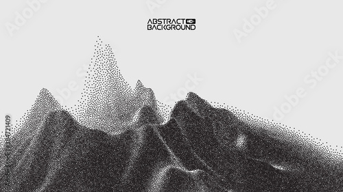 Vector landscape of mountain in dotwork style. Stipple illustration design. Old retro dot texture vintage gradient. Pointillism graphic. Grain terrain wallpaper.