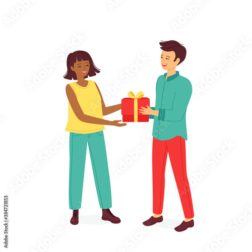 Young happy woman and man give a gift. The concept of celebrating birthday, valentine's day, new year, christmas in a multiethnic multicultural family, couple. Isolated vector illustrations.