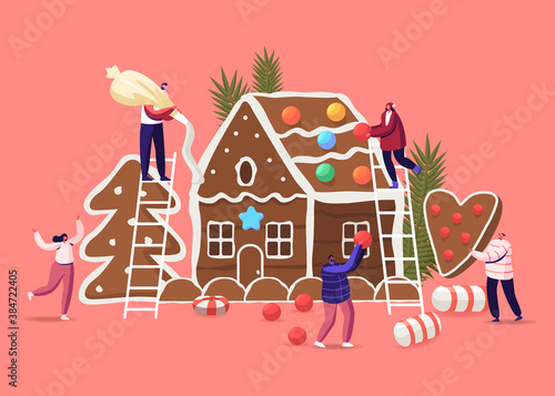 Festive Activity Preparation for Xmas Holidays Celebration. Tiny Characters Decorate Huge Christmas Gingerbread House