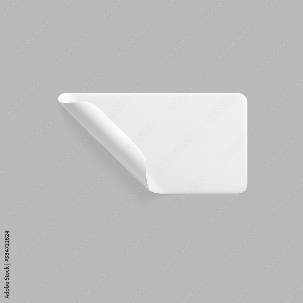 White glued rectangle sticker with curled corners mock up. Blank white adhesive paper or plastic sticker label with wrinkled and creased effect. Template label tag close up. 3d realistic vector White glued rectangle sticker with curled corners mock up. Blank white adhesive paper or plastic sticker label with wrinkled and creased effect. Template label tag close up. 3d realistic vector