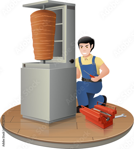 Réparation d'une machine à kebab en panne par un réparateur (détouré)	