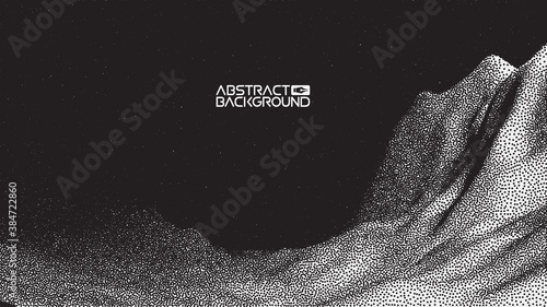 Vector landscape of mountain in dotwork style. Stipple illustration design. Old retro dot texture vintage gradient. Pointillism graphic. Grain terrain wallpaper.