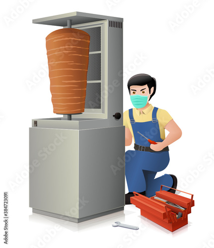 Réparation d'une machine à kebab en panne par un réparateur avec un masque