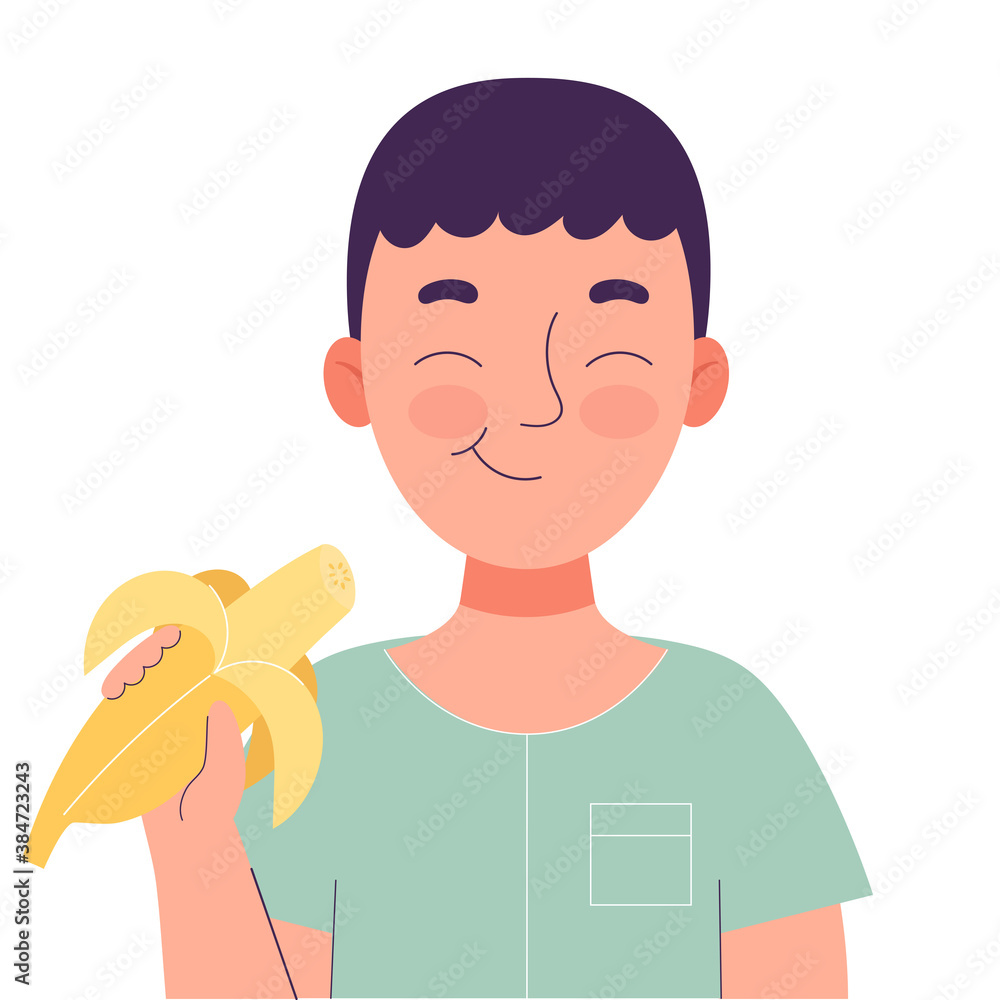 Cute little boy eating banana. Healthy food concept, healthy snack. Fruits, vitamins. Flat vector isolated illustration on white background Cute little boy eating banana. Healthy food concept, healthy snack. Fruits, vitamins. Flat vector isolated illustration on white background