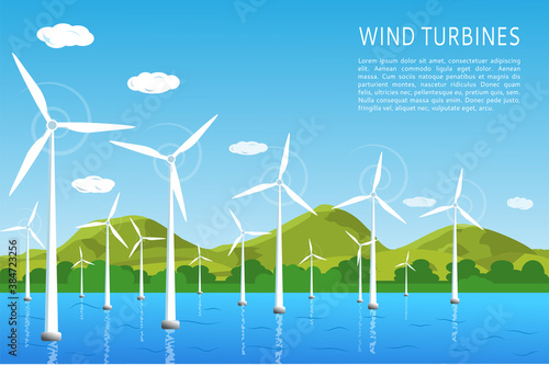 Wind turbines on the water near the seashore, the concept of renewable wind energy. vector illustration, flat style