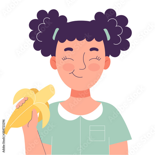 Cute little girl eating banana. Healthy food concept, healthy snack. Fruits, vitamins. Flat vector isolated illustration on white background