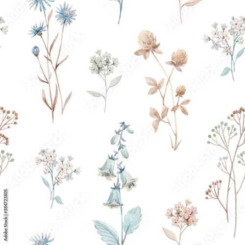 Beautiful vector seamless floral pattern with watercolor autumn fall flowers. Stock illustration.
