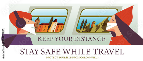 Stay safe while traveling. Vector poster encouraging people to wear masks.