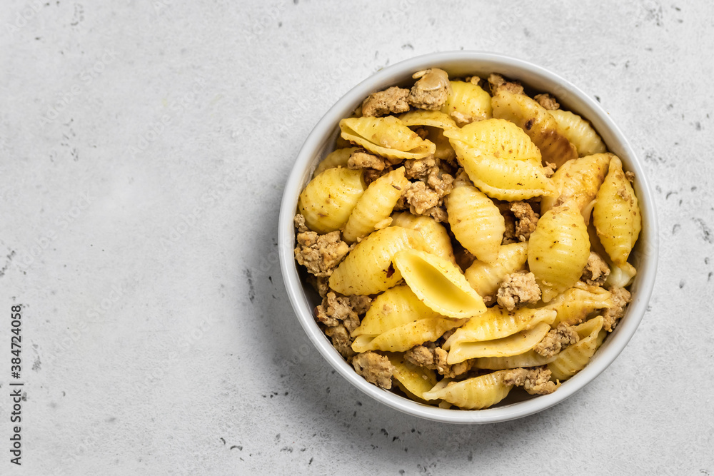 Delicious pasta shells minced meat. Space for text, top view. Delicious pasta shells minced meat. Space for text, top view.