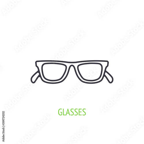 Sunglasses with plastic rimmed outline icon. Vector illustration. Summer accessory. Eyewear for protection from sun beam. Thin line pictogram for user interface. Isolated white background