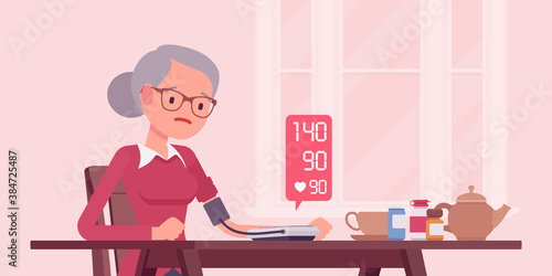 Blood pressure measurement self monitoring by electronic sphygmomanometer. Senior woman doing measuring, controlling health at home, digital meter numbers. Vector flat style cartoon illustration