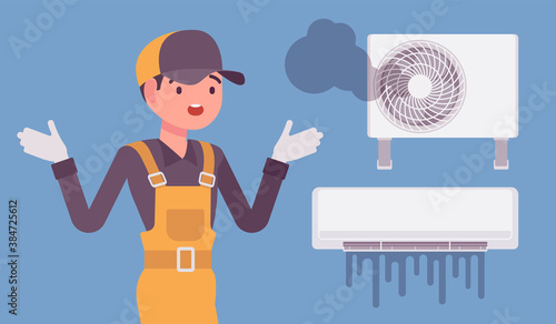 Air Conditioner unit system breakdown, damage after neglecting a regular maintenance. Repair technician in trouble, puzzled with broken ac, split system problem. Vector flat style cartoon illustration