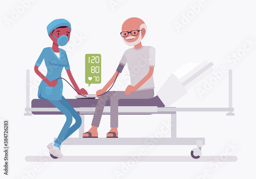 Blood pressure measurement, medicine test for senior man in clinic. Female doctor in hospital checking and examine patient health with aneroid sphygmomanometer. Vector flat style cartoon illustration