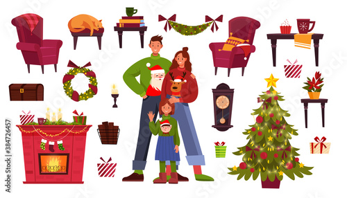 Christmas holiday furniture collection with happy family in sweaters, x-mas tree, chimney, wreath. Cozy winter illustration set with decorations, presents, fireplace. Isolated Christmas furniture