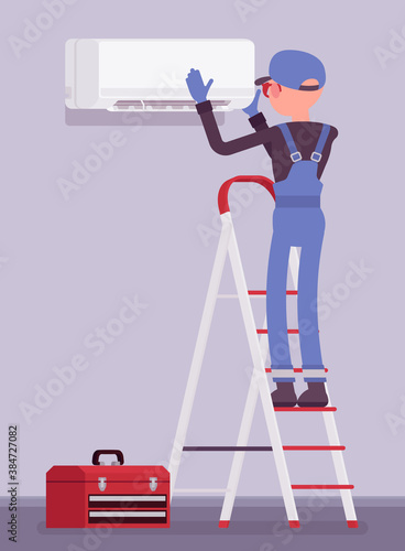 Air Conditioner unit installation, fixing, ac repair. Service technician, professional installer of conditioning system working on ladder to mount split system. Vector flat style cartoon illustration