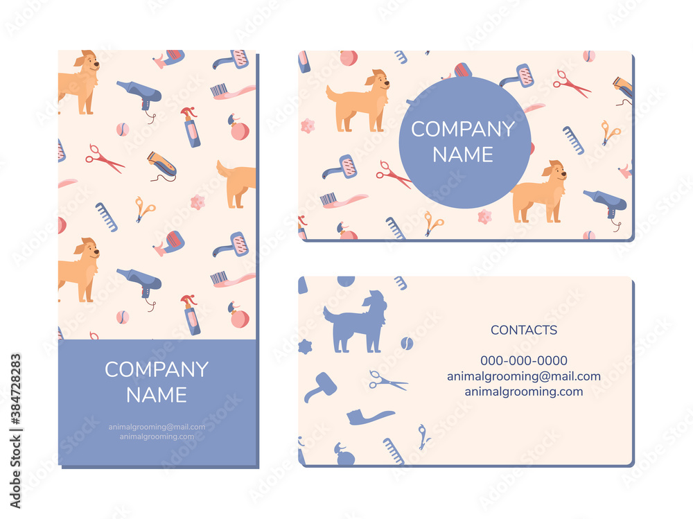Dog grooming company business card and brochure design. Golden Retriever and grooming products, shampoos, wire cutters, combs, scissors. Vector ilustrations in cartoon style