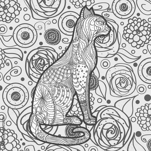 Square pattern with zen cat. Hand drawn abstract background. Black and white illustration