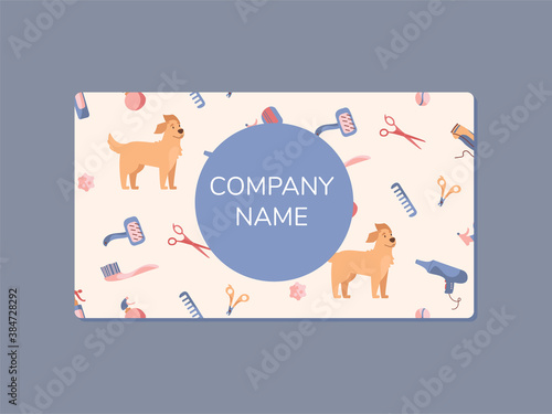 The business card of a dog grooming company. Golden Retriever and grooming products, shampoos, wire cutters, combs, scissors. Illustrations in cartoon style, Vector isolated on white background
