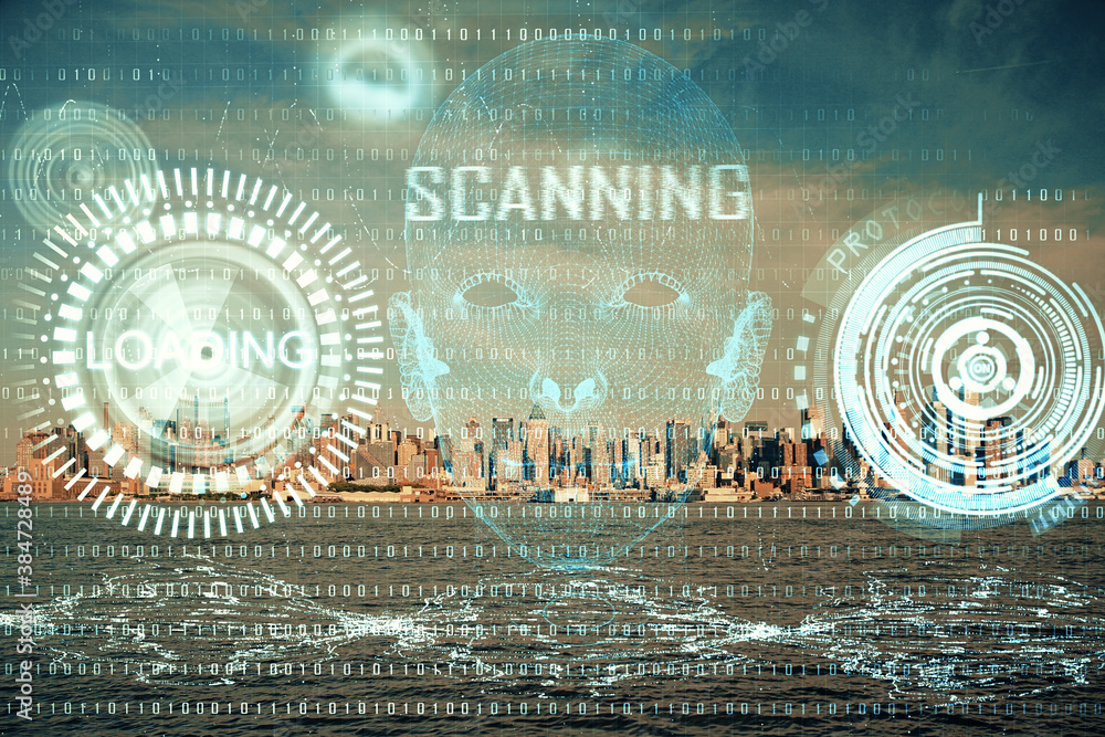 Data theme hologram drawing on city view with skyscrapers background double exposure. Technology concept. Data theme hologram drawing on city view with skyscrapers background double exposure. Technology concept.