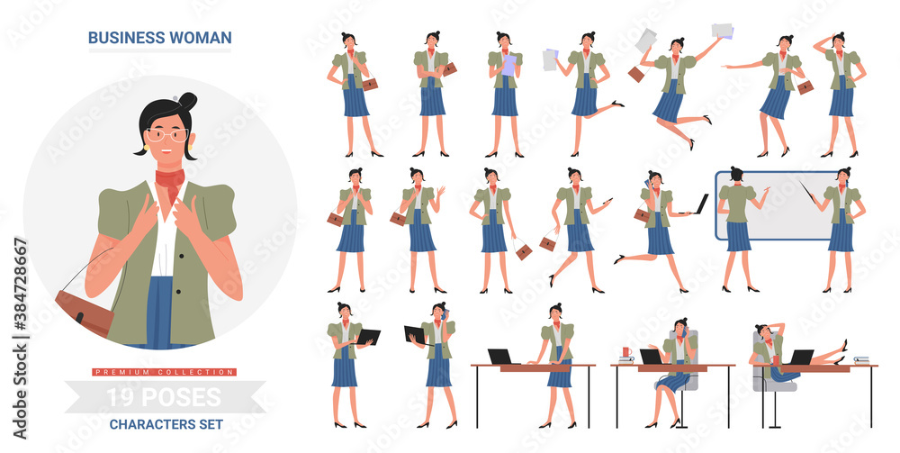 Business woman working poses infographic vector illustration set. Cartoon flat busy female character at business work with laptop or study in different postures, standing and running isolated on white Business woman working poses infographic vector illustration set. Cartoon flat busy female character at business work with laptop or study in different postures, standing and running isolated on white