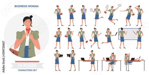 Business woman working poses infographic vector illustration set. Cartoon flat busy female character at business work with laptop or study in different postures, standing and running isolated on white