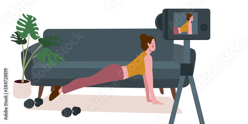 Women vlogger training work out fitness online front camera video with flat cartoon style